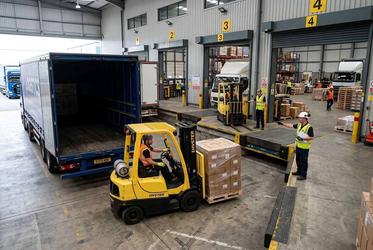 Forklifts loading trucks at warehouse dock