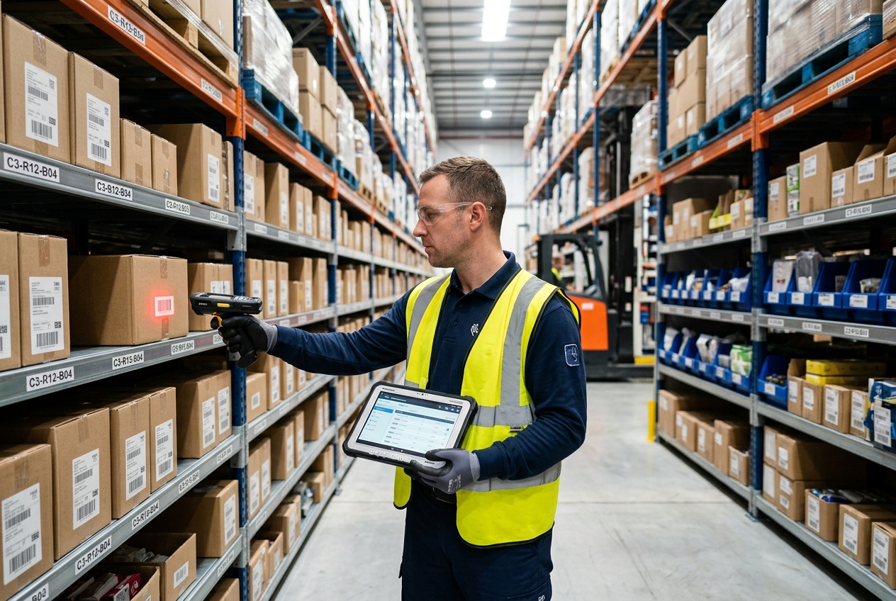 Boxes and crates on warehouse shelves